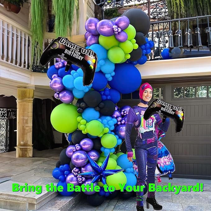 Video game balloon garland arch kit 140pcs purple blue green black balloons with Diy star controller mylar balloon for gamer night Birthday party decorations