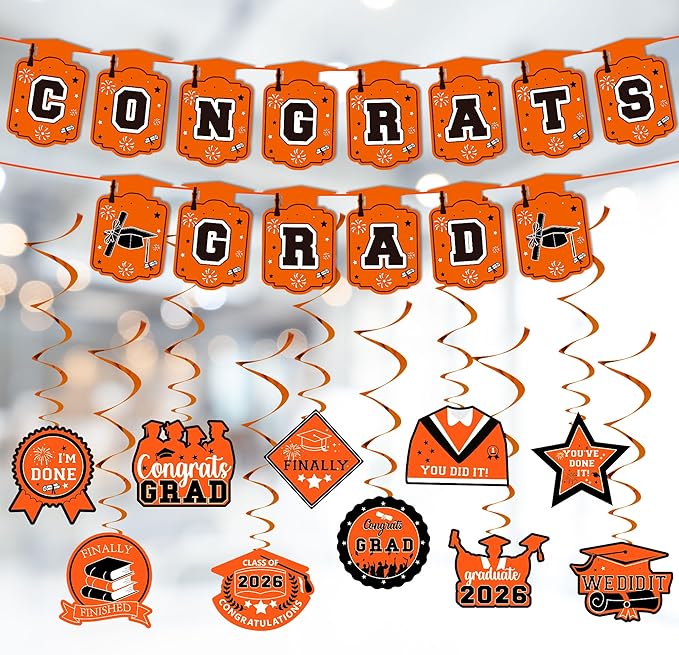 Graduation Decorations 2026, Class of 2026 Backdrop, Banner, 2026 Foil Balloons, Tablecloth, Hanging Swirls, Honeycomb Centerpieces, Party Supplies Decorations Set for College (Orange)