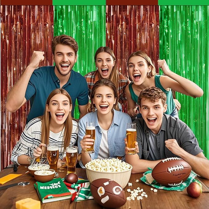 4 Packs Football Foil Fringe Curtain, Brown Green Glitter Metallic Tinsel Backdrop for Birthday, Baby Shower, Super Bowl, Football Game Day Party Decorations Supplies
