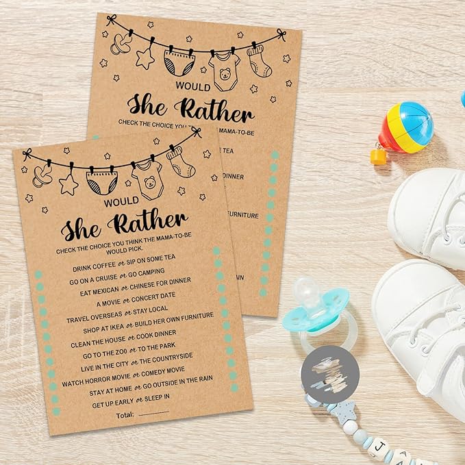 Baby Shower Game, Would She Rather, Baby Shower Ideas, Party Activities Ideas Supplies, Baby Shower Party Games Supplies & Activities, 30 Game Cards Included, Kraft