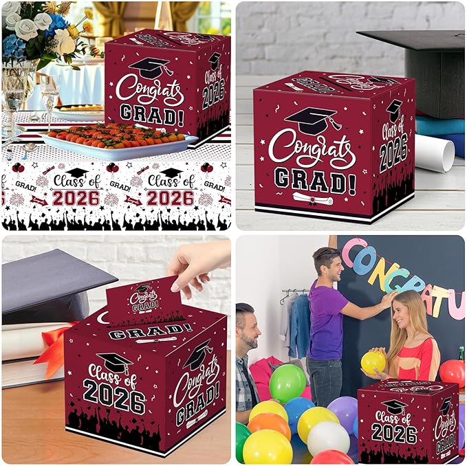 Graduation Card Box 2026 - Congrats Grad Card Boxes Holder, Maroon and Black Class of 2026 Graduation Gift Cards Box for Graduation Party Decorations 2026 Favors Decor Supplies Props,9x 9 x 9 inches