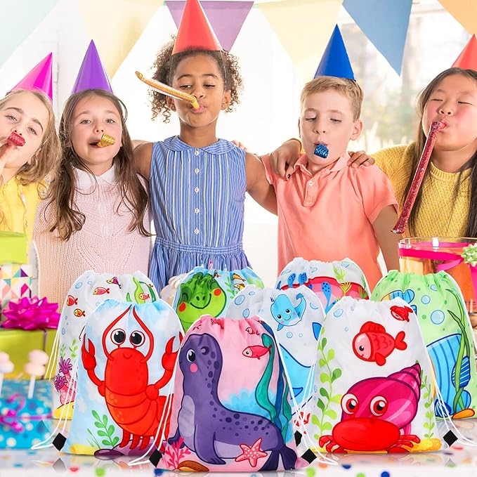 Marsui 24 Pcs Marine Animal Party Favor Drawstring Bags Gift Goodie Candy Favors Bags for Birthday Party Supplies