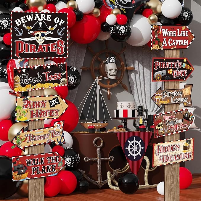 Hooqict 20 Pieces Pirate Party Decorations Sign Beware of Pirates Party Directional Signs Pirate Themed Birthday Party Banner Supplies