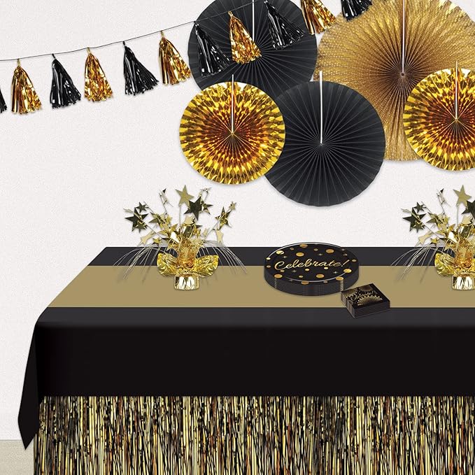 Beistle Black & Gold Striped Tablecovers, 54” x 108”, 3 Pieces – Plastic Table Cloth, Rectangular Tablecloth, Table Covers for Party, Graduation Tablecloth, Awards Night Decorations