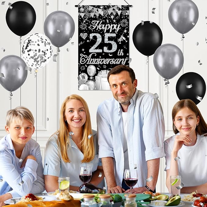 Happy Anniversary Decorations Small Banner Black Silver Happy 25th Anniversary Cruise Door Hanging Banner Porch Front Door Decor for Women Men 25 Years Silver Wedding Anniversaries Party Sign Supplies