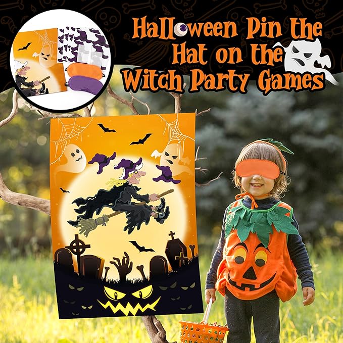 Halloween Pin The Hat on The Witch Party Games Poster with 24 Stickers Fun Hocus Pocus Entertaining Activities Holiday Carnival Celebrations Birthday Party Decorations Supplies Wall Decor for Kids