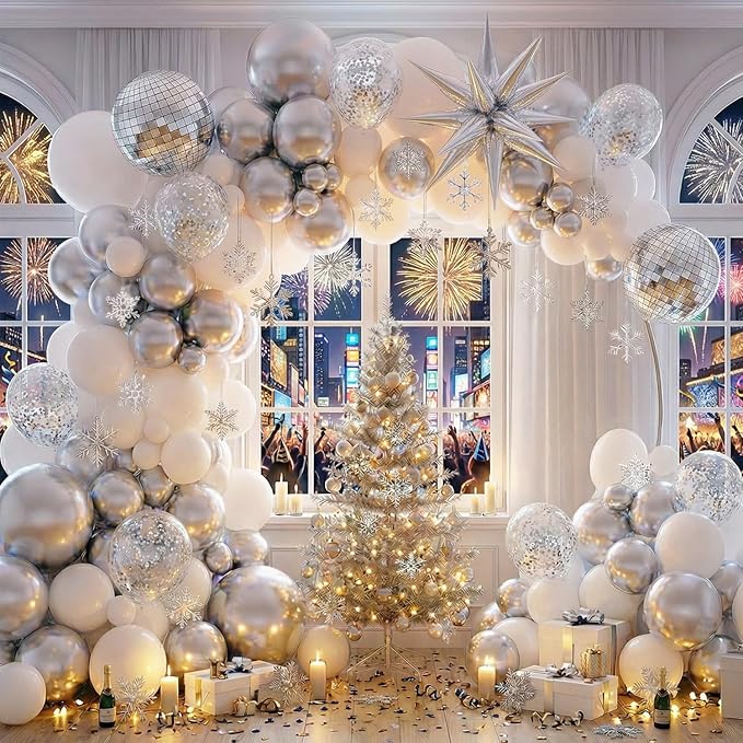 Disco Party Balloon Garland Arch Kit 134 Pcs Metallic Silver Matte White Confetti Balloons Disco balls for Adult Birthday Dancing Decor Graduation Party New Year Eve 2026 NYE Decoration