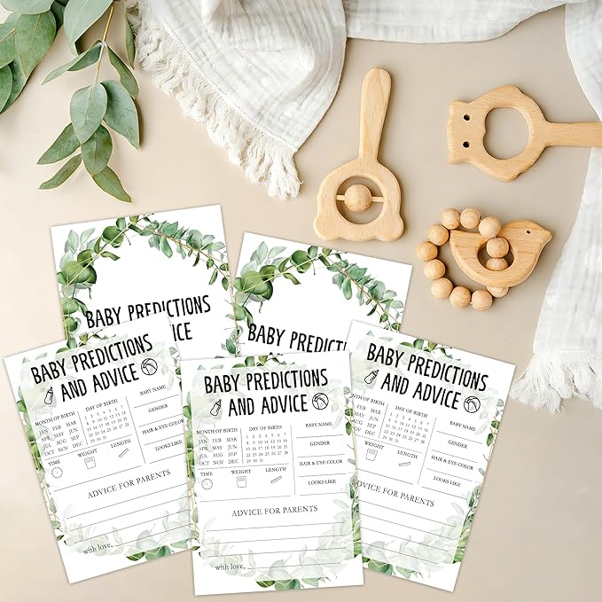Greenery Eucalyptus Baby Shower Game Cards, Tropical Jungle Gender Reveal Party Supplies, Neutral Design for Boys Girls, 30 Set Gifts for New Parents (Green013)