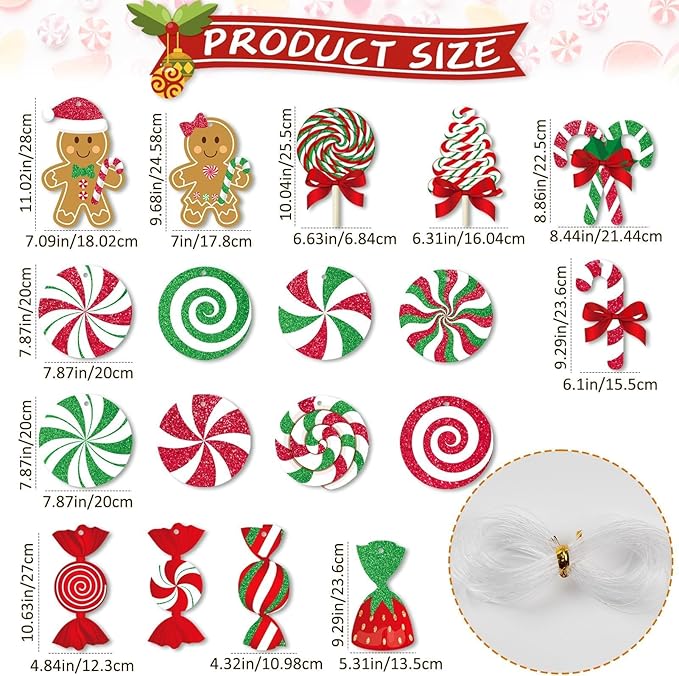 GuassLee Candy Gingerbread Christmas Outdoor Decorations - 18pcs Large Hanging Candy Cane Gingerbread Man Lollipop Decor for Outdoor Yard Porch Christmas Tree Decorations