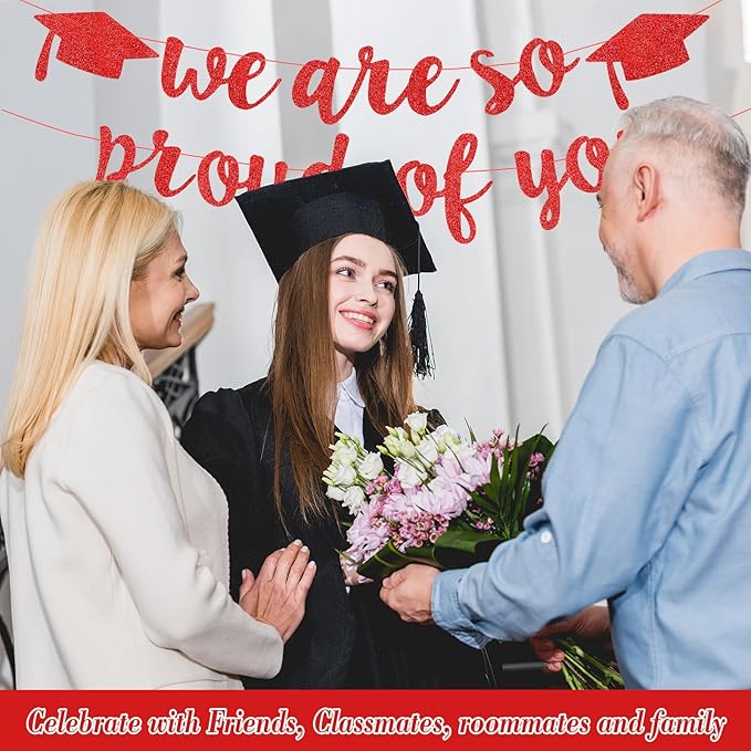 2026 Graduation Decorations Pre-Strung Blingbling We Are So Proud of You Banner Glitter Graduation Garland for Class of 2026 High School College Grad Party (Red)
