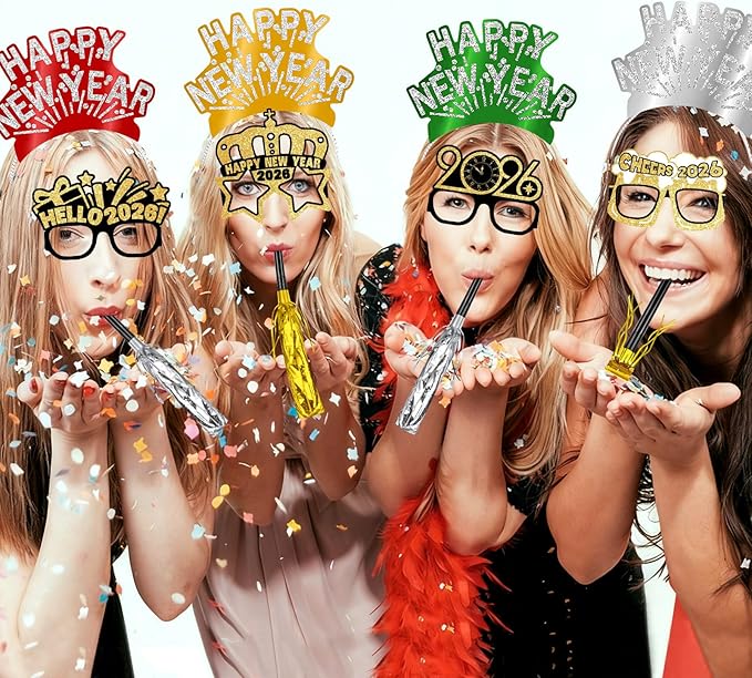 Openfly 24Pcs New Years Eve Party Supplies 2026 Happy New Years Party Headband Hats New Year Glasses New Year Noise Makers
