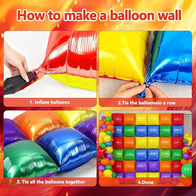 36 PCS Red Yellow Blue and Green Purple Orange Square Foil Balloon Wall, 19'' Double Sided Foil Balloons Backdrop Tunnel Arch Kit for Anniversary Bachelorette Bridal Baby Shower Party Decor
