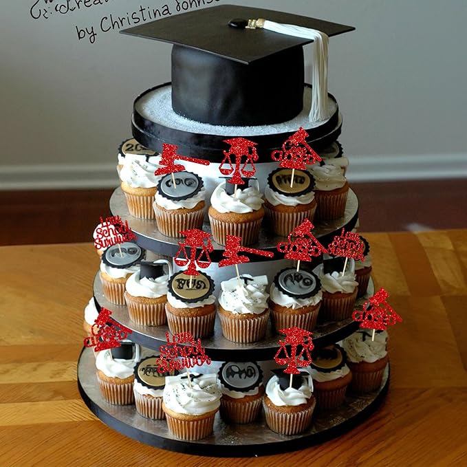 Gyufise 24Pcs 2026 Lawyer Graduation Cupcake Toppers Red Glitter Class Of 2026 Lawyer Grad Case Closed Cake Toppers Cap Diploma Cupcake Picks 2026 Graduation Theme Party Cake Decorations Supplies