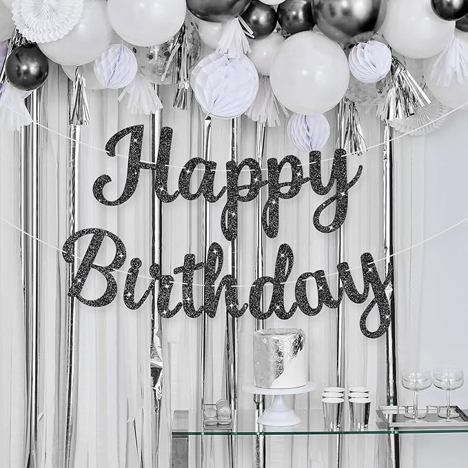 Glitter Happy Birthday Banner Sign Birthday Garland Wall Door Banners Flag for Women Men Boys Girls Party Backdrop Decorations Black