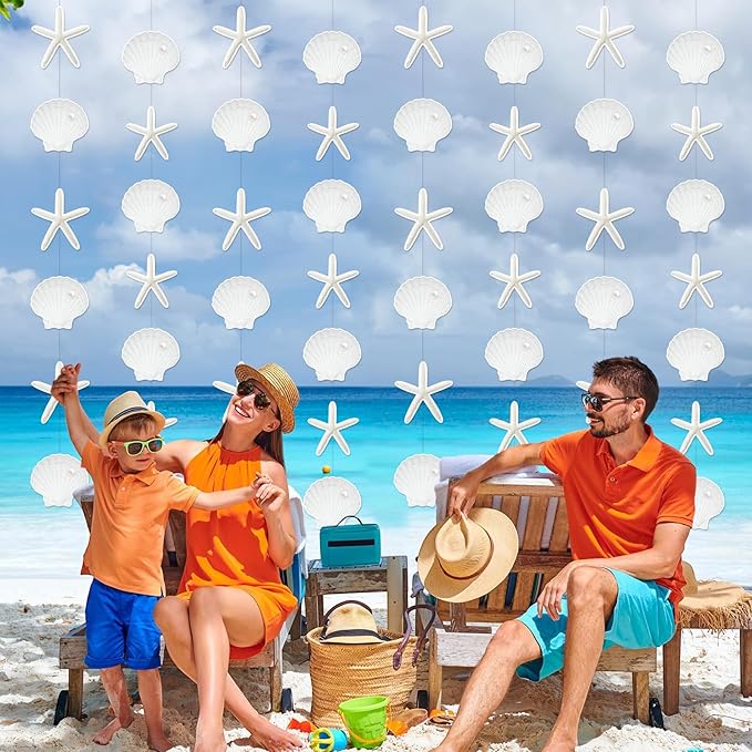 Xinnun Coastal Party Decorations White Finger Starfish and Seashell Garland Ocean Nautical Theme Cutouts Ribbon Streamers for Under The Sea Beach Mermaid Birthday Beach Wedding Decor
