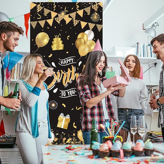 Black Gold Happy Birthday Door Banner,Birthday Door Cover Decoration Supplies Happy Birthday Backdrop Photography Background Sign For Women And Girls Birthday Party Home Outdoor Decor