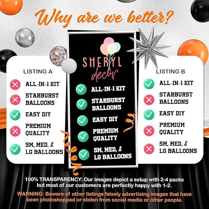 ALL-IN-1 Orange Black White Balloons Arch Kit with BONUS Starburst Balloons – Small & Large White Orange Black Balloons – Party Decorations for Graduation, Birthday Bengals, Halloween, Harley Davidson