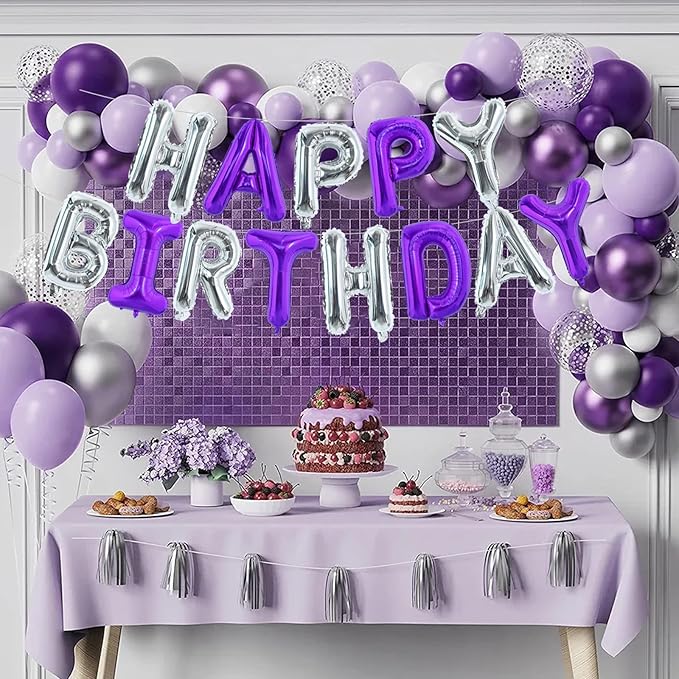 TONIFUL Happy Birthday Balloons with Ribbon Straw, 16 Inch Mylar Letters Balloons Sign Banner Bunting Reusable for Girls Boys Kids & Adults Party Decorations Supplies（Purple Silver）