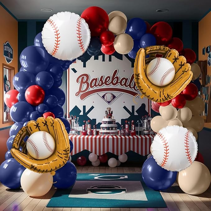 Baseball Birthday Party Decorations, Navy Blue Red Nude Balloon Arch with Baseball Glove Foil Balloons for Boys Girls Summer Birthdays Party Baseball Themed Party Decorations