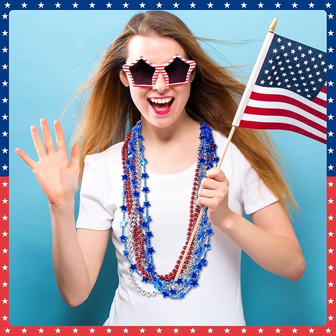 HOOSUN 4th of July Beads Necklaces,24 Pcs Patriotic Beads Necklaces Red Silver and Blue Accessories,Fourth of July Decorations,Memorial Day Accessories for Party Favors, Parades,Party Decor Supplies