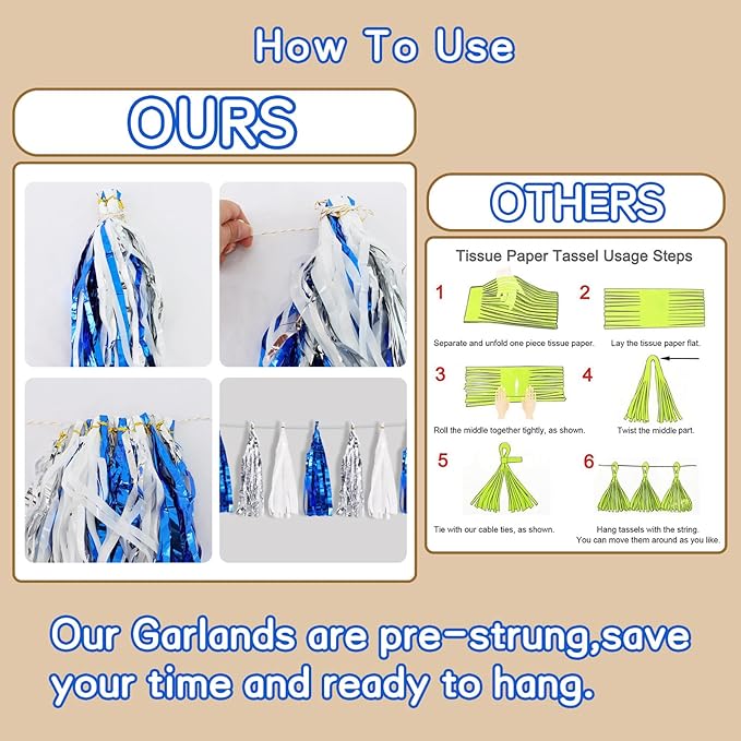 BEISHIDA 3 Packs Blue Silver White Metallic Foil Fringe Tassel Garland, Tassels Banner Streamers for Car Floats Graduation Bachelorette Birthday Baby Shower Wedding Christmas Holiday Party Decoration