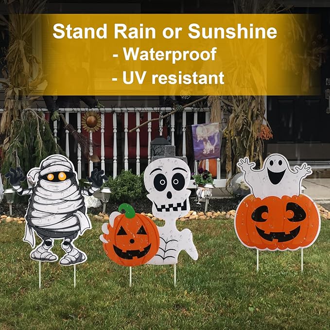 3PCS Yard Signs for Halloween Props Yard Stakes Pumpkin Ghost Monster Yard Sign Stakes for Halloween Decorations Outdoor Lawn Decor Yard Decorations