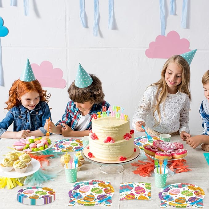 100 Pcs Easter Egg Tableware Party Supplies Set, Serves 25 – Disposable Colorful Eggs Paper Plates, Napkins, and Forks for Spring Celebration, Easter Day Egg Hunt, or Holiday Brunch Decorations