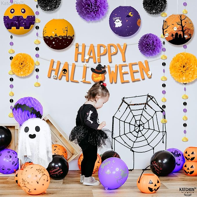 KatchOn, Hanging Halloween Decorations Set - Pack of 14 | Purple and Black Theme Party Supplies | Halloween Party Decorations for Wall | Happy halloween Banner, Sign for Spooky Decor
