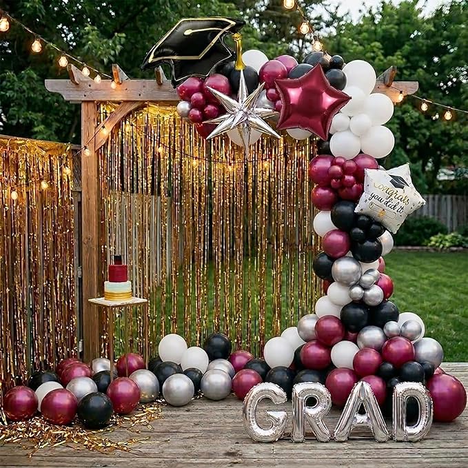 Maroon Black white Silver Graduation Balloon Garland Arch Kit with Graduation Star print Certificate Letter Mylar Foil Balloons for Graduate Class of 2026 Grad Prom party Decorations Supplies