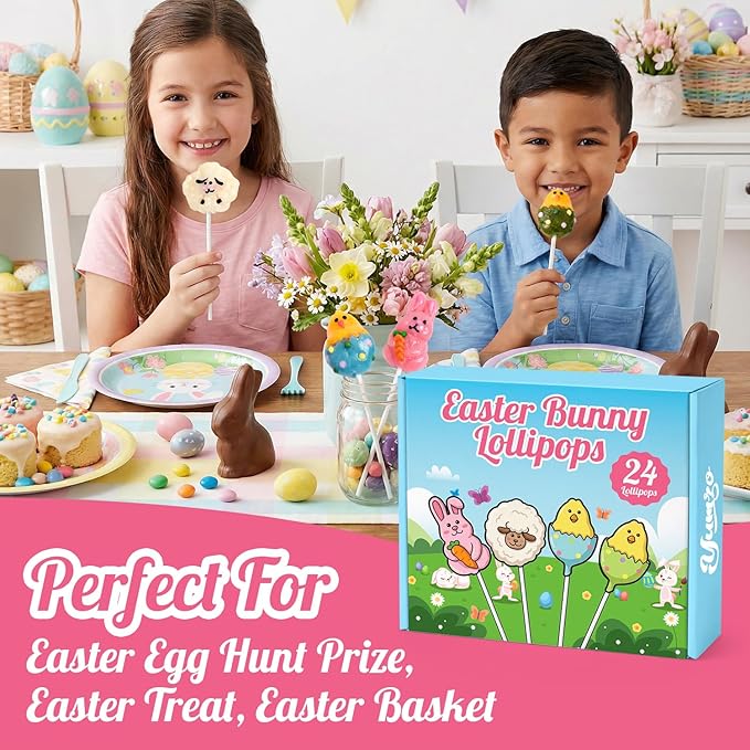 Easter Bunny Lollipops, With Natural Colors – 24 Count Individually Wrapped Candy Pops, Bunny Chick And Lamb Shaped Lollipops Easter Candy, For Baskets, Party Favors And Spring Candy