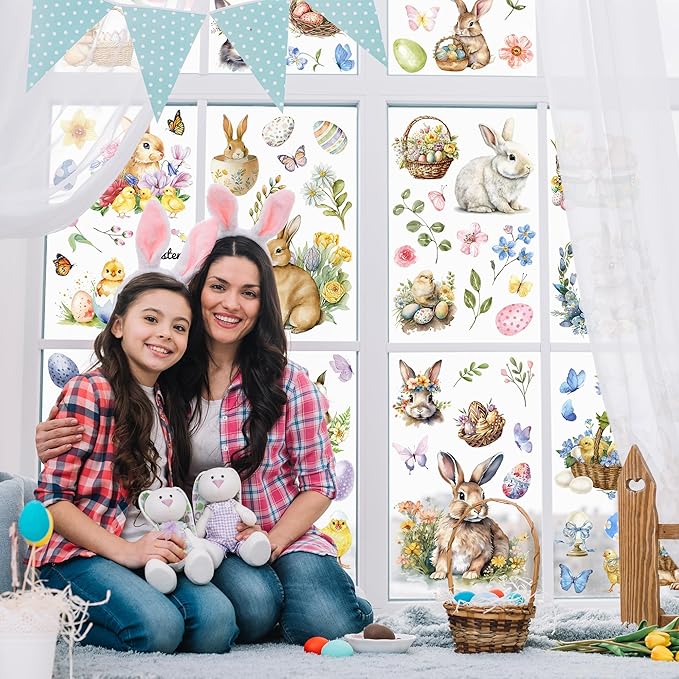 9 Sheets Easter Window Clings, 87 PCS Watercolor Easter Party Decorations with Bunny Egg Flower, Double Sided Egg Window Decals Stickers for Spring Decor Home Office Party Supplies