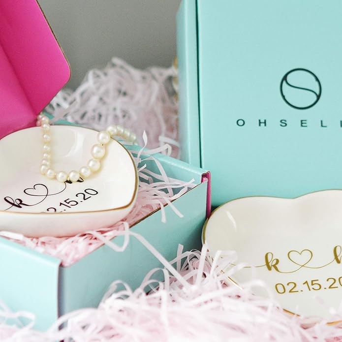 Engagement Ring Holder Ring Dish Engaged Gift Wedding Gifts Ring Holder Engagement Ring Dish Engaged Gift for Her Beatifully Packaged with sea Blue Branded Logo Box with Pink Lining Inside.