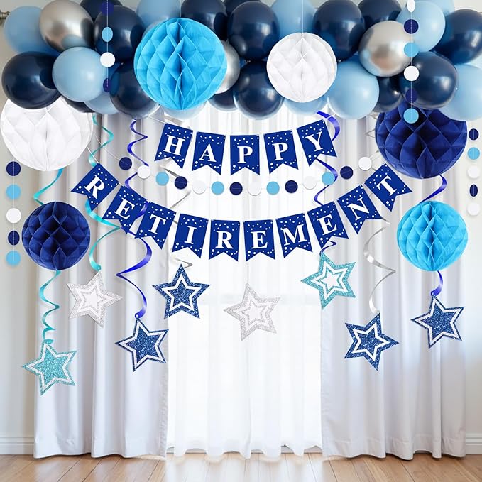 Happy Retirement Party Decorations for Men Women Blue Silver Happy Retirement Banner Honeycomb Balls Pentagram Hanging Swirl Streamers Circle Dots Garland