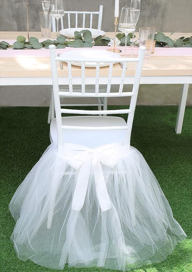 UNIQOOO Chair Tulle Tutu Decoration for Bridal Shower | Birthday Party, Veil Fluffy Look in White Color - Great for Wedding, Baby Shower – Party Accessory Supplies, 20” x 20” - Fit Standard Chair