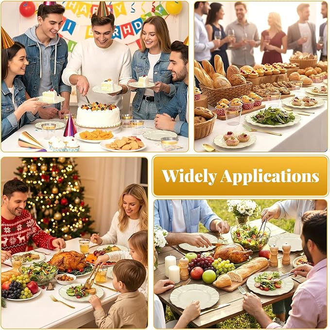 175 Piece Plastic Dinnerware Set Disposable Dinnerware Set for 25 Guests Include 50 Plastic Plates 25 Silverware Set 25 Cups and 25 Napkins for Easter Party Wedding Birthday（White and Gold）