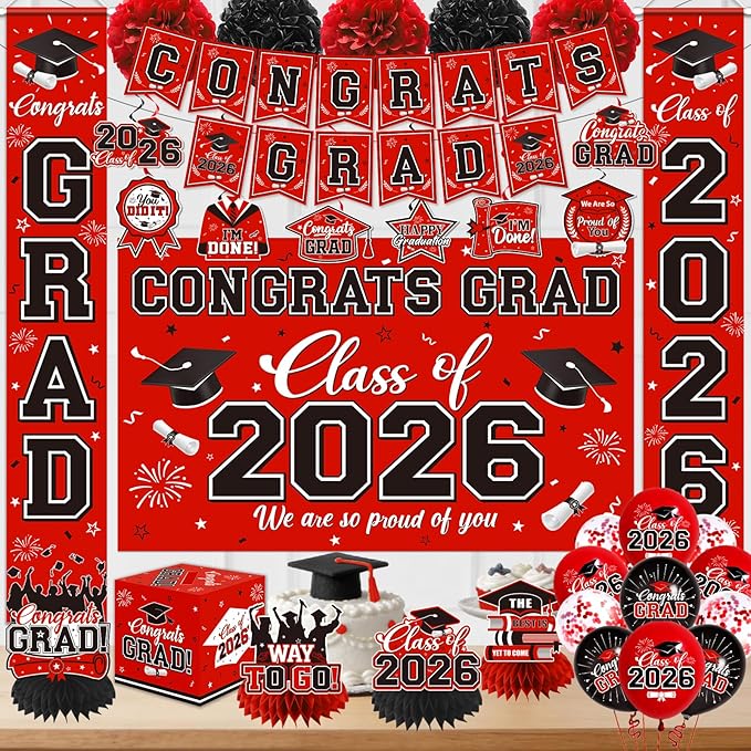 Graduation Decorations 2026 Red Party Decor Set with Congrats Grad Banner, Class of 2026 Backdrop, Balloons, Box & Streamers Supplies for High School & College Celebrations