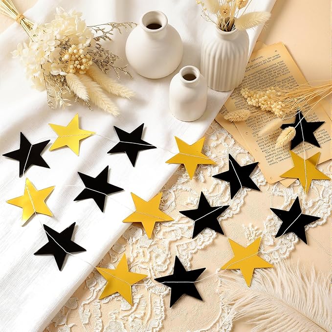 Spakon 65 Feet Glitter Star Paper Garland Banner Hanging Decoration Star Streamers Double Side 2026 Graduation Decorations for Wedding Birthday Festival New Year Party Decoration(Gold Black)