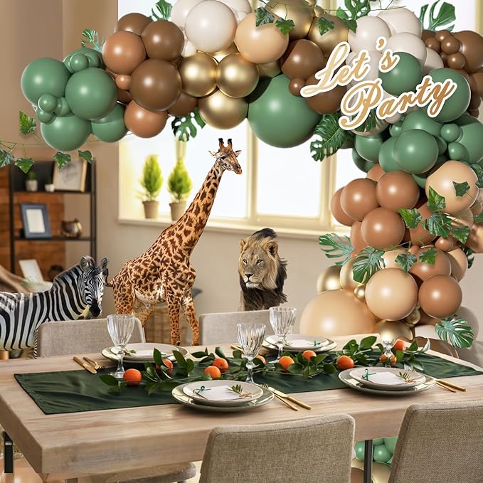 FOTIOMRG 152pcs Sage Green Brown Balloon Garland Kit, Jungle Safari Woodland Balloon Arch Kit with palm leaves artificial Ivy leaves for Two Wild One Birthday Wedding Baby Shower Party Decorations