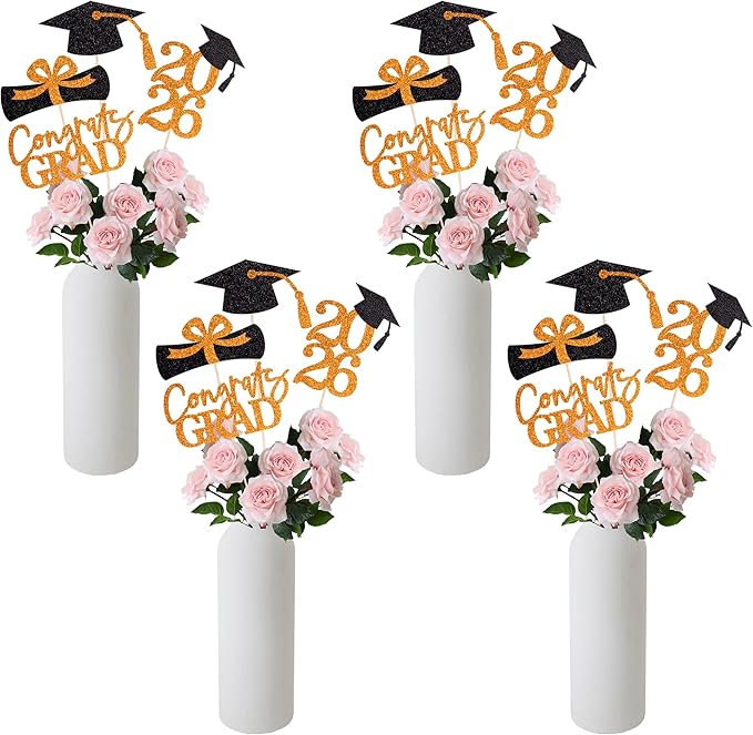 Gexolenu 16 PCS Orange and Black Double-Sided 2026 Graduation Centerpieces for Tables, 2026 Table Toppers Party Centerpiece Sticks Party Supplies, Graduation Party Decorations Class of 2026, Set of 4
