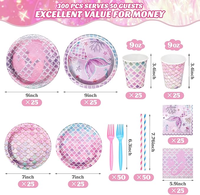 300Pcs Mermaid Plates and Napkins Tableware Sets (Serve 50), Mermaid Party Supplies (Blending 2 Designs ), Including Plates Napkins Cups Straws and Forks, Party Decorations