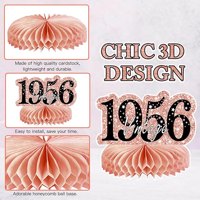 9Pcs 70th Birthday Decorations Honeycomb Centerpieces for Women, Rose Gold Pink Happy 70th Birthday Centerpieces Tables Toppers Party Decorations Supplies, Vintage 1956 Aged Table Sign Decor