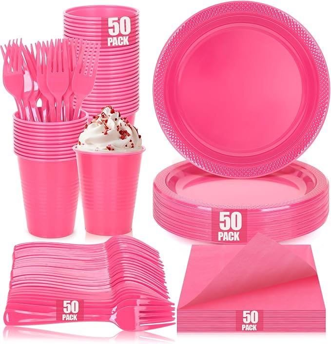 200pcs Hot Pink Plastic Party Plates Set, Disposable Pink Plates and Napkins for Party, 50 of Each 9" Dinner Plate, Napkins, Cups & Cutlery Plastic Party Supplies for Birthday, Baby Shower, Wedding