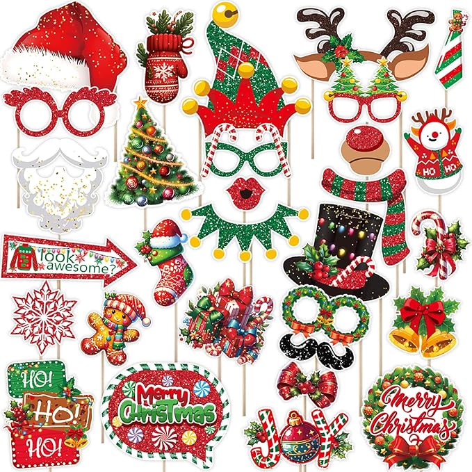 30pcs Christmas Photo Booth Props Funny Christmas Party Decorations Photobooth Favors Games Supplies for Kids Adults