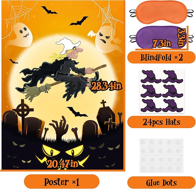 Halloween Pin The Hat on The Witch Party Games Poster with 24 Stickers Fun Hocus Pocus Entertaining Activities Holiday Carnival Celebrations Birthday Party Decorations Supplies Wall Decor for Kids