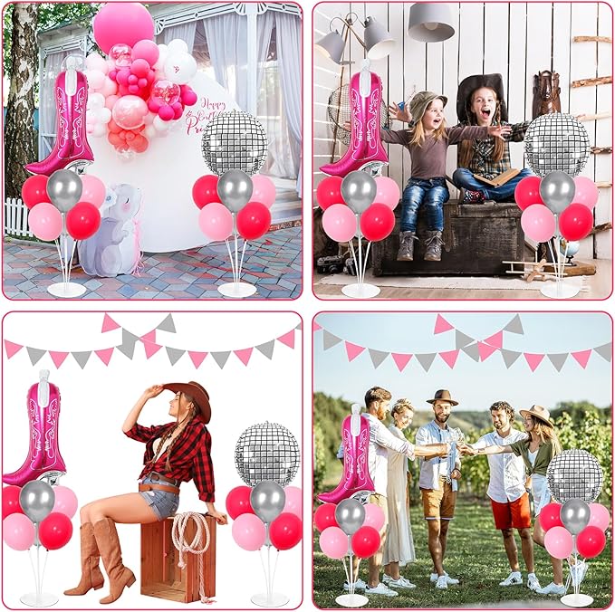 Pink Cowgirl Party Balloons Stand Kit 2 Sets With 2 Boot 4D Disco Ball Foil Balloons Silver Hot Pink Balloon Centerpiece for Tables for Last Rodeo Bachelorette Party Cowboy Western Themed Decorations