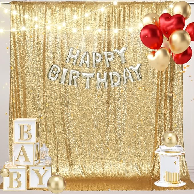 PartyDelight Gold Sequin Backdrop 6x8ft High-Density 3mm Sparkly Photo Background Back Drop Glitter Drape for Wedding, Birthday, and Holiday Party Decorations