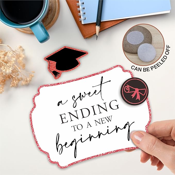 Red Graduation Wooden Buffet Sign - A Sweet Ending To A New Beginning - 5"X7" Candy Sign With 1 Metal Support，2 DIY Wood Decor With Velcro, Grad Party Decor & Supplies - B05