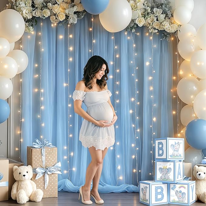 10x10FT Blue Wrinkle Free Backdrop Curtains with Lights String for Parties - Photo Curtain Backdrop with Lights for Wedding Decorations, Bridal Baby Shower Birthday Party Photography Background