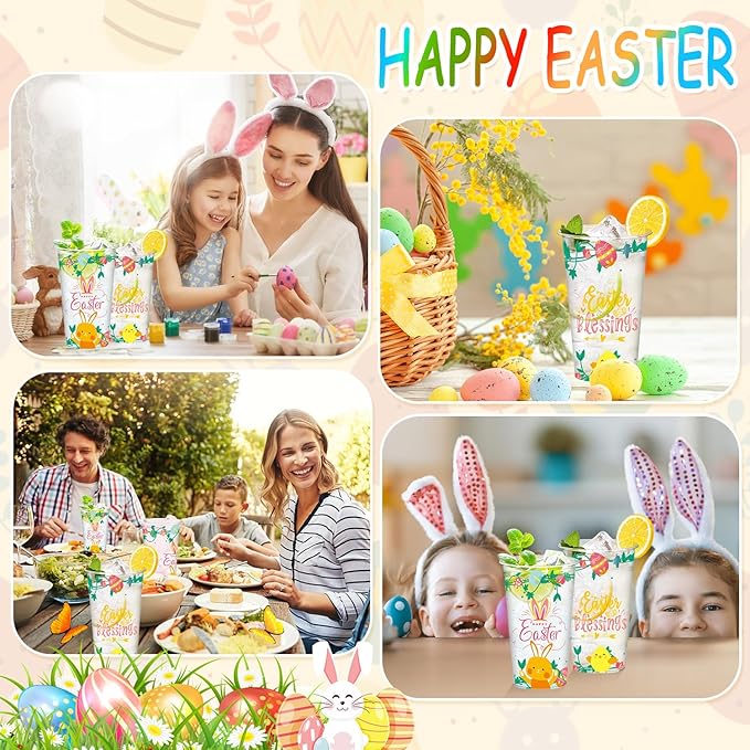 50Pcs Easter Disposable Plastic Cups 16 oz Happy Easter Clear Cups with Cute Bunny Colorful Eggs and Chick Spring Drinking Cups, Party Cups Coffee Hot and Cold Drinks Spring Party Decorations