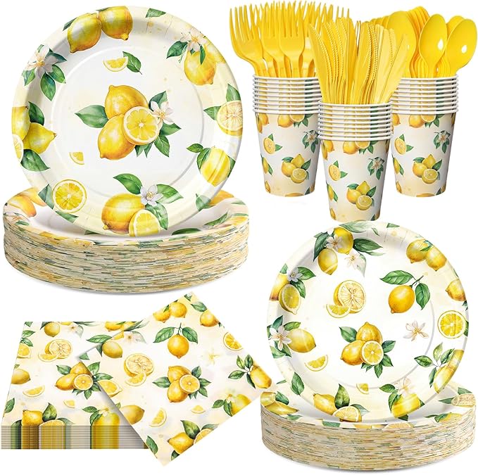 Honeydak 210 Pcs Lemon Party Decorations Summer Lemon Birthday Party Supplies Plates Napkins and Forks Tableware for Yellow Baby Shower Bridal Shower